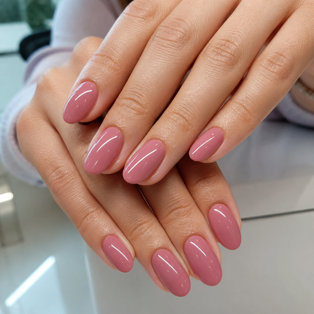 Bright blue almond gel manicure with rhinestone accents